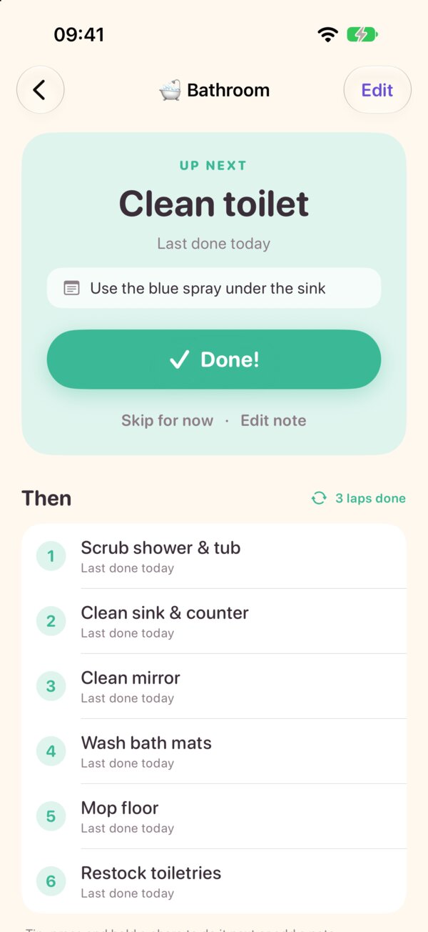 Bathroom loop with Clean toilet up next, a note reading Use the blue spray under the sink, and 3 laps done