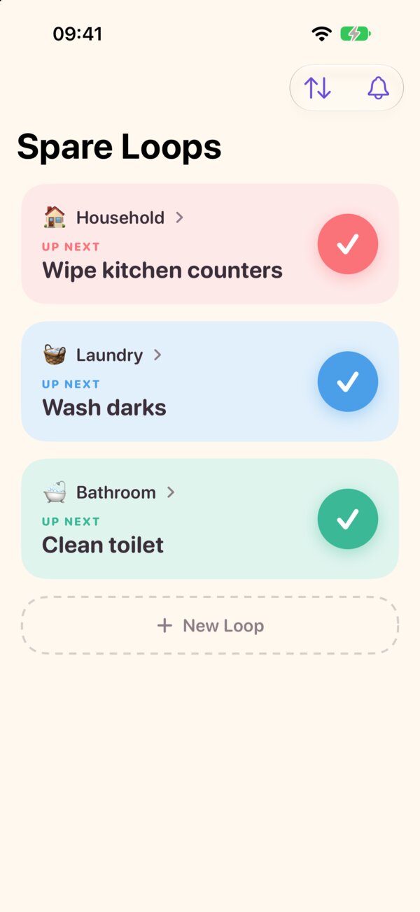 Spare Loops home screen showing Household, Laundry and Bathroom loops, each with the chore that's up next and a check button