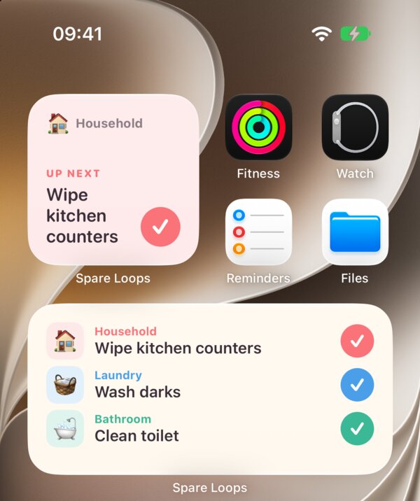 iPhone home screen with Spare Loops widgets: an All Loops widget and an Up Next widget, each with a check button